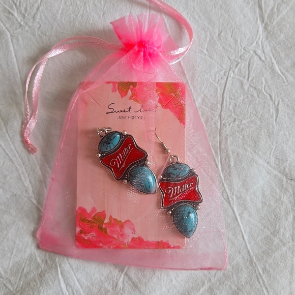 Miller Beer Dangle Faux Turquoise Pierced Earrings - Picture 1 of 5